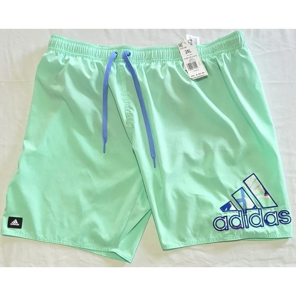 NWT $60 ADIDAS Lined Swim Trunks Mens 2XL Floral Logo / Waistband Green